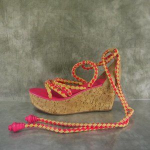 NWD Tory Burch Tie Up Pink/Tan Rope & Cork Petra Mid Wedge Wom 8.5 M $375 ANB